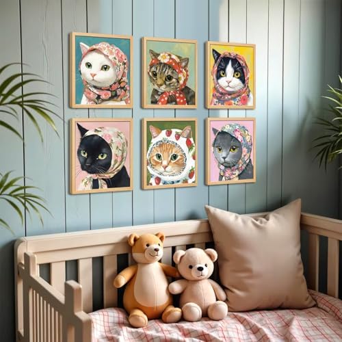 Funny Cat Poster Set of 6, Whimsical Babushka Cats Wall Art Eclectic Lover Cat - Image 4