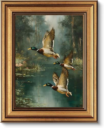 Gold Framed Wall Art, Vintage Mallard Duck Canvas Prints, Flying Ducks Rustic by YDNAKLX