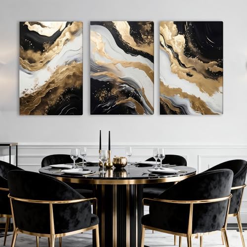 EJPFOGV Triptych Black White Gold Wrapped Canvas Wall Art 24x36 inches x3 - Image 3