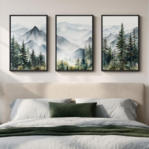 Framed Landscape Wall Art Bedroom, Mountain Forest Canvas Print, 16x24 Inch by Cuspin