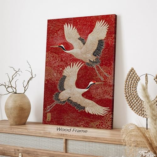Retro Japanese Canvas Wall Art Funny Oriental Crane Posters Red And Gold Bird - Image 2
