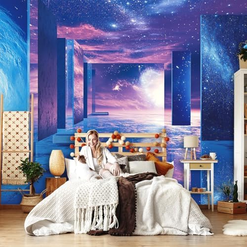 Blue Purple Wall Mural Wallpaper Space Geometric Structures Surreal Style - Image 3