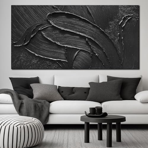MDHKVPM Extra Large Black Abstract Painting Wall Art 3D Hand Painted Decor - Image 2