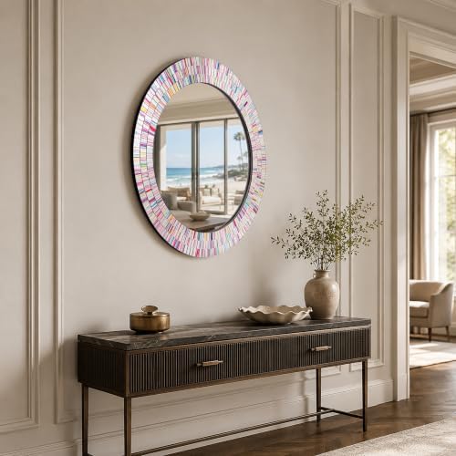 24" Round Rainbow Mosaic Wall Mirror, Bohemian Decorative Accent Mirror - Image 2