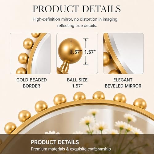30 Inch Round Wall Mirror, Antique Gold Ball Frame, Beveled Glass - Image 4