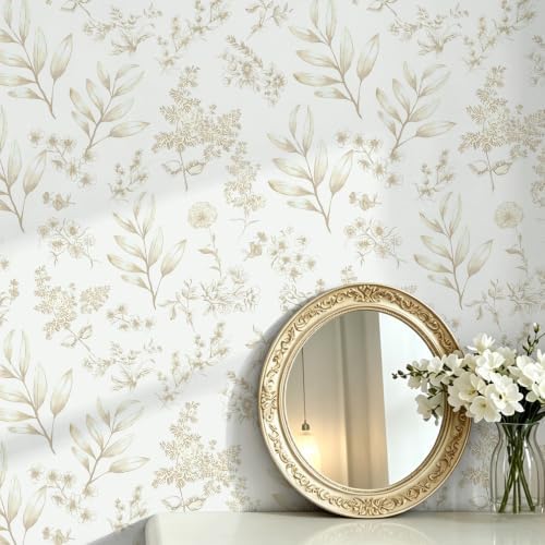 Peel and Stick Wallpaper Floral Vintage Wall Paper 17.3" x 394" Beige Leaf by Micpolo