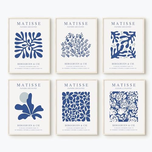 Blue Matisse Wall Art Prints Set of 6 Abstract Aesthetic Canvas Decor Trendy by Baccone