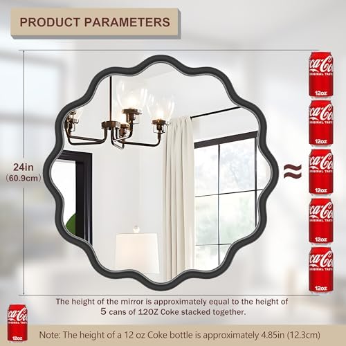 PROHOMEWARE Black Round Mirror 24 Inch Wavy Bathroom Vanity Mirror Black Frame - Image 3