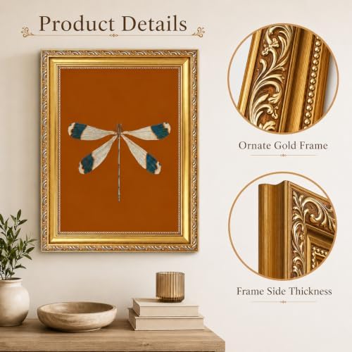 Gold Framed Dragonfly Wall Art, Antique Insect Picture Wall Decor16x12in - Image 3