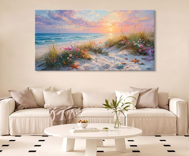 Sunset Coastal Canvas Wall Art Seaside Wildflower Seascape Print Ocean Beach - Image 2