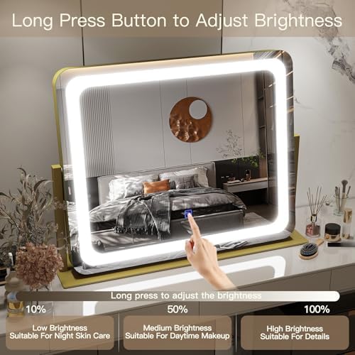 FENNIO Gold Vanity Mirror with Lights 22"x17", LED Lighted Makeup Mirror - Image 4