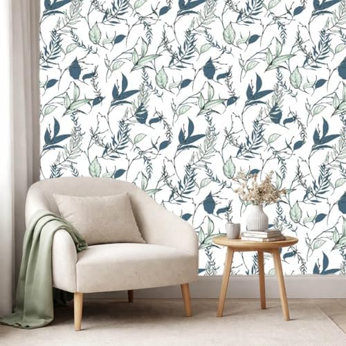Sage Green and Blue Leaf Peel and Stick Wallpaper 17.7in x 213in - Image 3