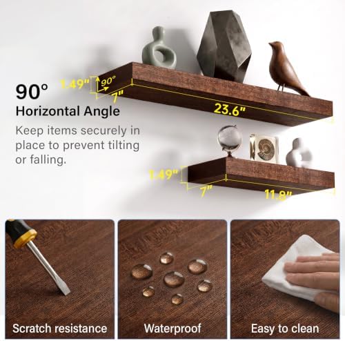 Walnut Floating Shelves for Wall, 24 Inch Wooden Shelves Set of 2 - Image 6