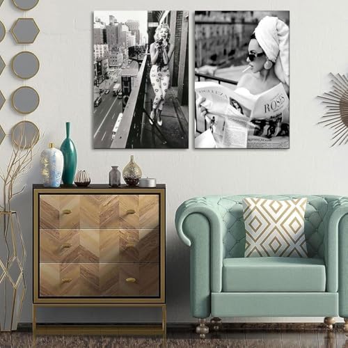 2pcs Framed Black and White Wall Art Women Reading Newspaper Poster, Funny - Image 7