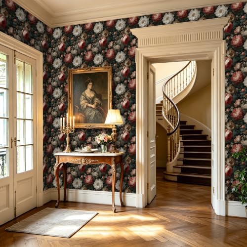BOKEBEVE Dark Floral Wallpaper Peel and Stick Retro Black 17.5 x 118In - Image 4
