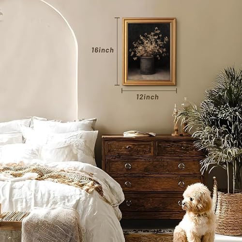 Gold Framed Moody Floral Wall Art, Vintage Fall Dried Flowers Vase Pictures - Image 3