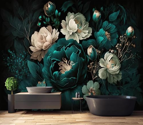 Luxurious Moody Dark Teal & Cream Floral Wallpaper Wall Decor - Image 4