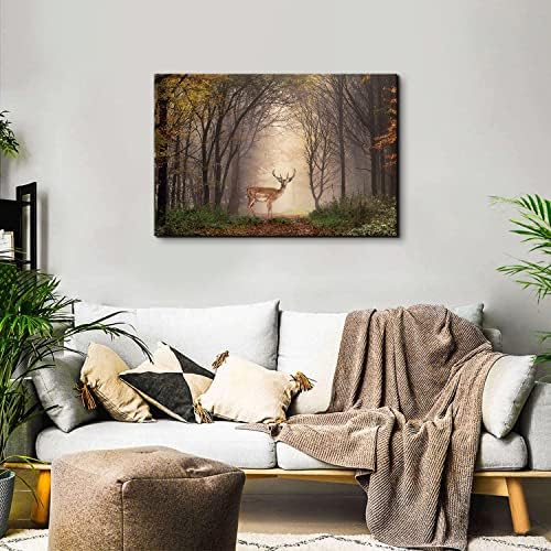Wild Animal Landscape Canvas Wall Art Deer in Autumn Foggy Forest Picture Wall - Image 2