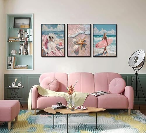 Uofnvrji 3Pcs Pink Beach Preppy Wall art Retro Beach seashell and starfish - Image 4