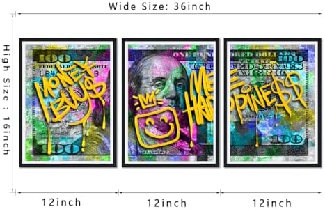 Black Framed Canvas Wall Art 100 Dollar Money Buy Me Happiness Painting 3 Panels - Image 6
