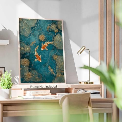 Vintage Japanese Canvas Wall Art Oriental Asian Koi Fish Psoters Emerald Green - Image 2