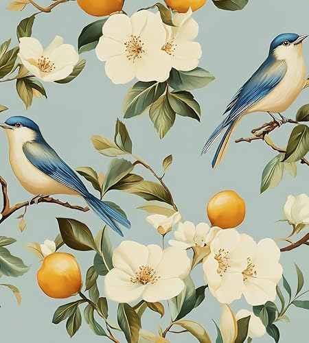 Laatse Vintage Light Blue Bird Floral Fruits Botanical Wallpaper 17.5"x393" by Laatse