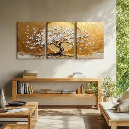 RZIGERNO 3 Pcs Tree of Life Canvas Wall Art Gold White Floral Poster Printing - Image 5