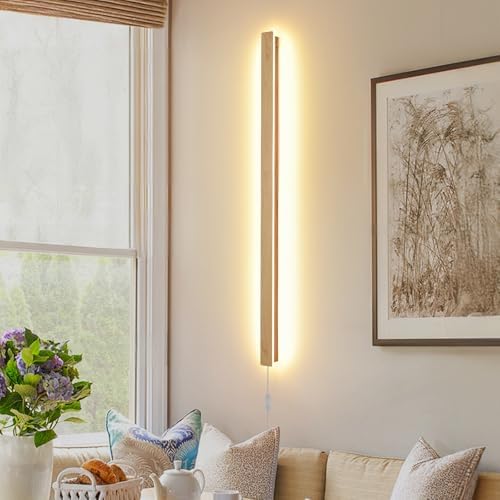 Modern Plug in Long Wall Sconce, 39.3" Faux Wood Texture Finish LED Wall Lights - Image 2