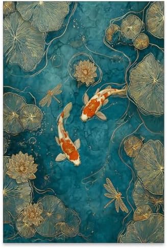 Vintage Japanese Canvas Wall Art Oriental Asian Koi Fish Psoters Emerald Green by Unknown