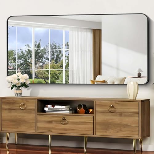 Bathroom Mirror, 60 x 30 inch Black Rectangle Wall Mirror, Metal Frame Rounded - Image 6