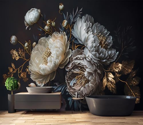 Exquisite Dark White Peony & Gold Floral Wallpaper - Image 4