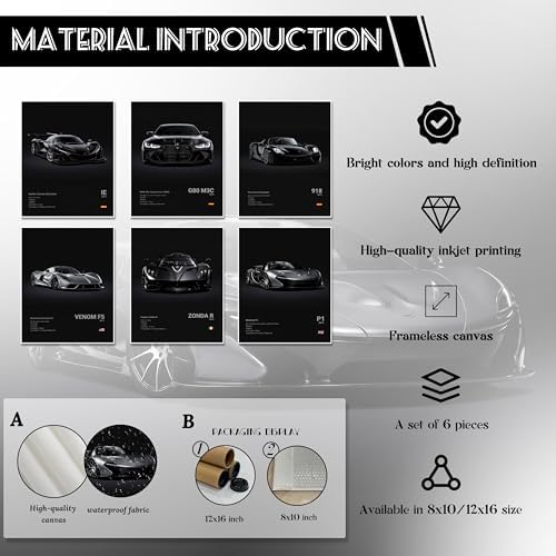 HTTART Car Posters Set of 6, Vintage Car Wall Art, Supercar Aesthetic Prints - Image 4