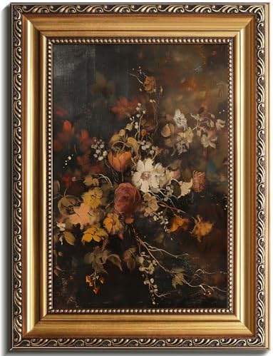uniro Vintage Gold Framed Wall Art, Moody Dark Autumn Floral Wall Art Prints by uniro