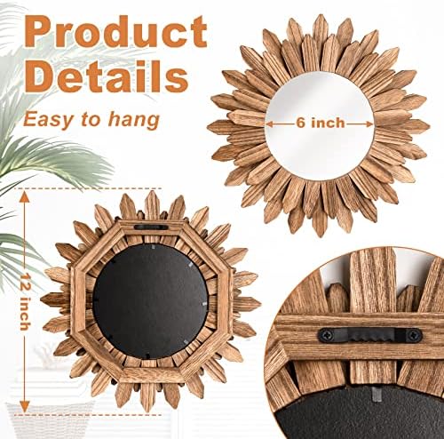 Emfogo Wall Mirror 12 inch Rustic Wood Sunburst Boho Mirror Wall Decor Home - Image 4