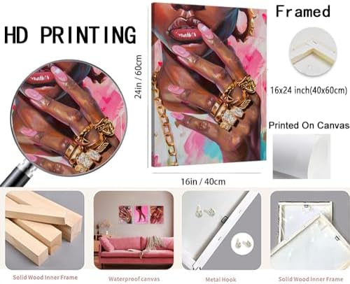 Black Girl Wall Art Set of 3 Pink Fashion Black Woman Canvas Wall Decor - Image 4