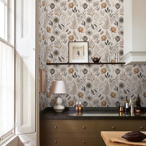 REDAMANCY Vintage Boho Wildflower Yellow Grey Flowers Peel and Stick Wallpaper - Image 5