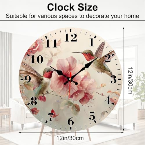 12" Silent Wall Clock, Round Wall Clock, Hummingbird and Pink Flowers - Image 2