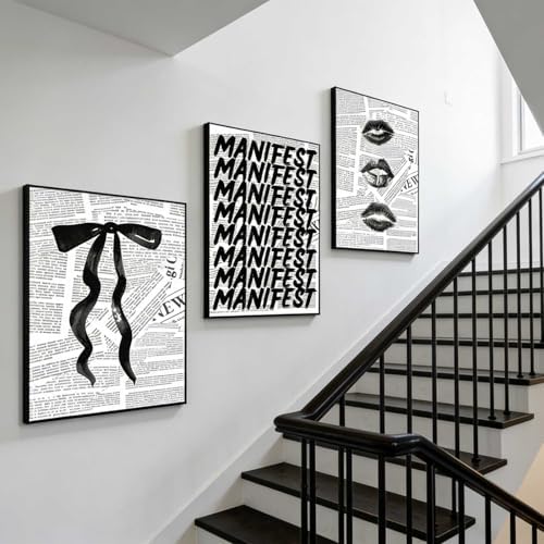 3Pcs Trendy Black and White Preppy Wall Art Retro Kiss Lips Bow and Manifest - Image 5