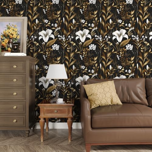 Laatse Vintage Dark Black Golden Floral Peel and Stick Wallpaper 17.5"x787" - Image 2