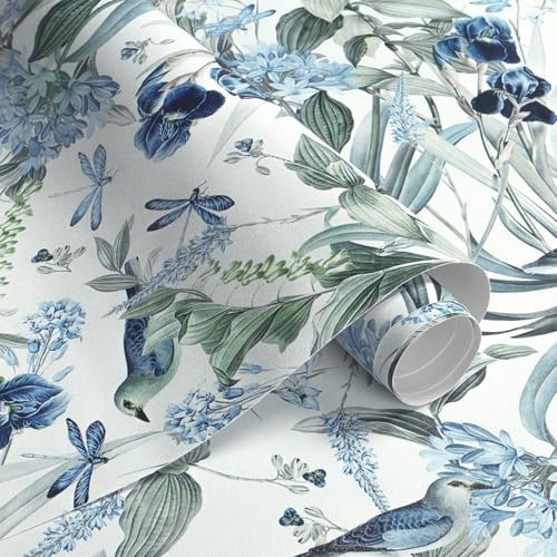 Floral Wallpaper Peel and Stick Flower Bird Blue Vinyl 17in x 393in - Image 5