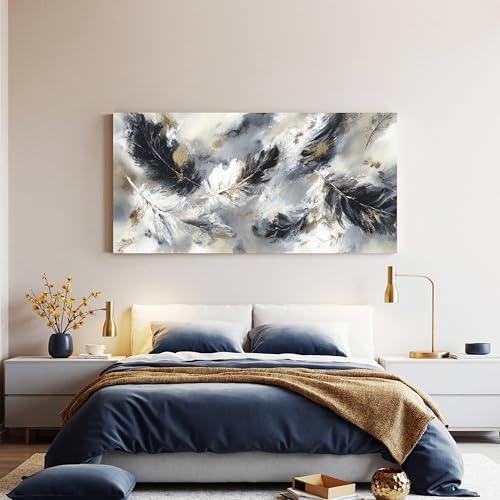 YISXINOAG Black White Abstract Wall Art Modern Feather Painting 20"X40" - Image 5