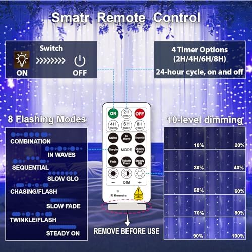 HXWEIYE 300LED Fairy Curtain Lights, 9.8x9.8Ft USB, 8 Modes & Timer - Image 4