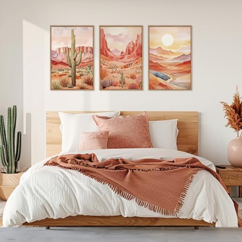 HLNIUC Boho Desert Plant Framed Canvas Wall Art Set, Southwestern Sun Mountain - Image 5