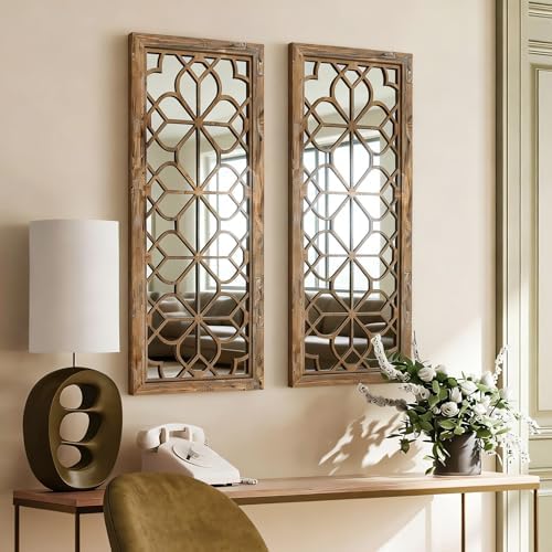 Set of 2 13x30 Inch Large Maroon Shatterproof Carved Floral Wood Frame Wall - Image 3