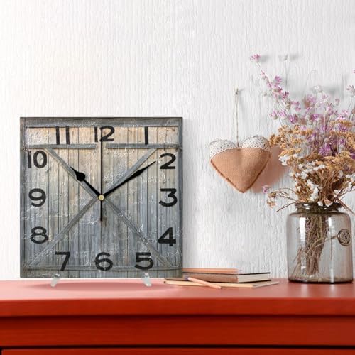 Moderate 8 Inch Square Wall Clock, Vintage Weathered Wooden Barn Door Non - Image 4