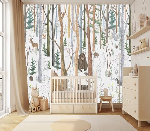 XMPMBM-Cartoon Hand-Painted Animals Woodland Nursery Room Fabric Wallpaper - Image 2