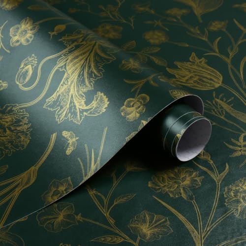 Dark Green and Gold Floral Peel and Stick Wallpaper 17in x197in - Image 5