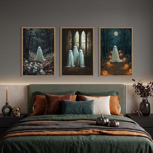 Ausril Vintage Halloween Cute Ghost Framed Wall Art Set, Scary Forest Pumpkin - Image 4