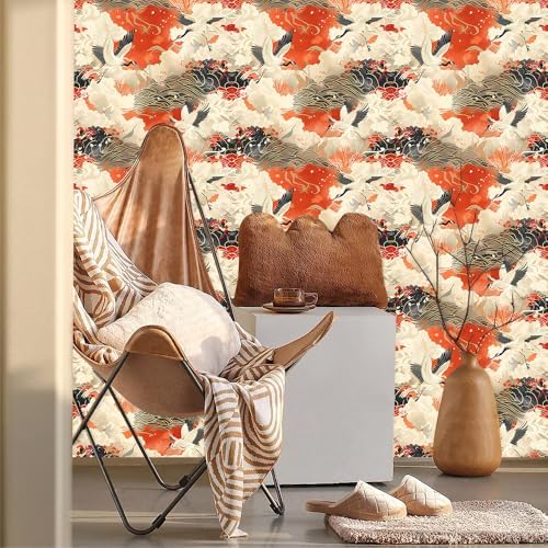 MuralPeel Vintage White Red Yellow Crane Bird Mountain Cloud Wave Chinese Peel - Image 2
