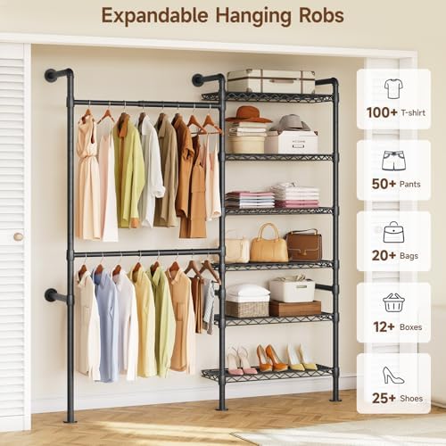 ONBRILL H2 Wall Mounted Clothing Rack, Expandable Industrial Pipe Clothes Rack - Image 6